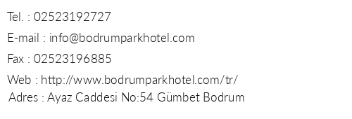 Bodrum Park Hotel telefon numaralar, faks, e-mail, posta adresi ve iletiim bilgileri